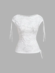 SHEIN MOD Women Floral Boat Neck Tie Shoulder Asym Ruched Regular White Cute Elegant Top For Going Out Party Wedding Guest Homecoming Fall - White - View 7