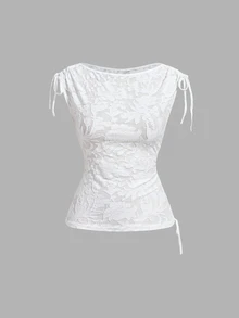SHEIN MOD Women Floral Boat Neck Tie Shoulder Asym Ruched Regular White Cute Elegant Top For Going Out Party Wedding Guest Homecoming Fall - White - View 6