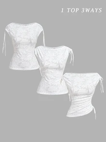 SHEIN MOD Women Floral Boat Neck Tie Shoulder Asym Ruched Regular White Cute Elegant Top For Going Out Party Wedding Guest Homecoming Fall - White - View 1