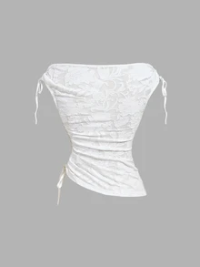 SHEIN MOD Women Floral Boat Neck Tie Shoulder Asym Ruched Regular White Cute Elegant Top For Going Out Party Wedding Guest Homecoming Fall - White - View 11