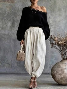 SHEIN Women's Lace Patchwork Asymmetrical Shoulder Casual Versatile Daily Long Sleeve Sweater - Black - View 4