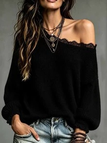 SHEIN Women's Lace Patchwork Asymmetrical Shoulder Casual Versatile Daily Long Sleeve Sweater - Black - View 5