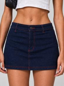 Zerodot Women Dark Wash With Contrast Red Stitch Denim Mini Skirt Casual Daily Fall Wardrobe Staples Pre Fall - Dark Wash - View 3