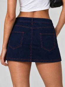 Zerodot Women Dark Wash With Contrast Red Stitch Denim Mini Skirt Casual Daily Fall Wardrobe Staples Pre Fall - Dark Wash - View 2