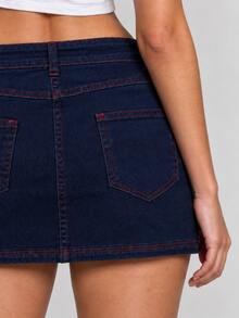 Zerodot Women Dark Wash With Contrast Red Stitch Denim Mini Skirt Casual Daily Fall Wardrobe Staples Pre Fall - Dark Wash - View 4