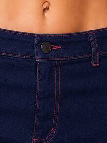 Zerodot Women Dark Wash With Contrast Red Stitch Denim Mini Skirt Casual Daily Fall Wardrobe Staples Pre Fall - Dark Wash - View 6