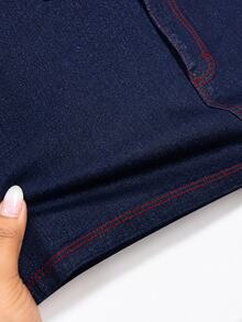 Zerodot Women Dark Wash With Contrast Red Stitch Denim Mini Skirt Casual Daily Fall Wardrobe Staples Pre Fall - Dark Wash - View 8