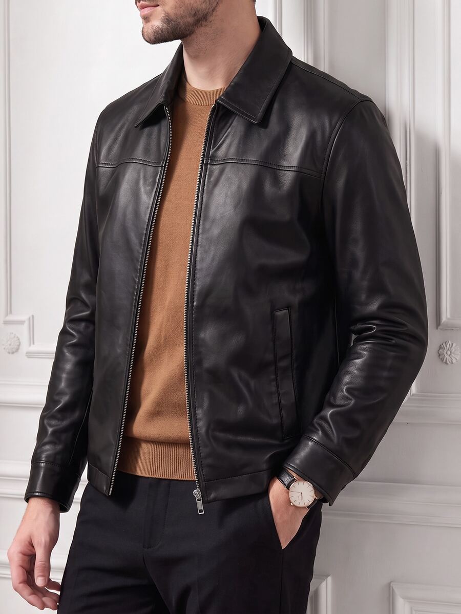 Core Aspect Men's Minimalist Commuter PU Leather Jacket, Black Matte Soft Lapel Zipper Jacket, Casual Daily Commute Outerwear - Black - View 1