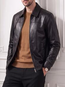 Core Aspect Men's Minimalist Commuter PU Leather Jacket, Black Matte Soft Lapel Zipper Jacket, Casual Daily Commute Outerwear - Black - View 3