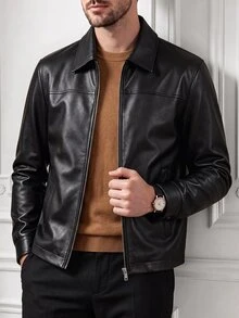 Core Aspect Men's Minimalist Commuter PU Leather Jacket, Black Matte Soft Lapel Zipper Jacket, Casual Daily Commute Outerwear - Black - View 4