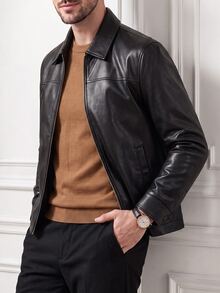 Core Aspect Men's Minimalist Commuter PU Leather Jacket, Black Matte Soft Lapel Zipper Jacket, Casual Daily Commute Outerwear - Black - View 1