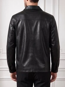Core Aspect Men's Minimalist Commuter PU Leather Jacket, Black Matte Soft Lapel Zipper Jacket, Casual Daily Commute Outerwear - Black - View 2