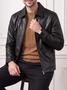Core Aspect Men's Minimalist Commuter PU Leather Jacket, Black Matte Soft Lapel Zipper Jacket, Casual Daily Commute Outerwear - Black - View 5
