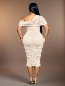 KIORVELLA Plus-Size Women's Ruched Asymmetric Bodycon Dress, Suitable For Parties Cocktail Date Night, Nightclubs, And Dates. Wedding Beige Summer Sexy - Apricot - View 5