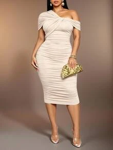 KIORVELLA Plus-Size Women's Ruched Asymmetric Bodycon Dress, Suitable For Parties Cocktail Date Night, Nightclubs, And Dates. Wedding Beige Summer Sexy - Apricot - View 2