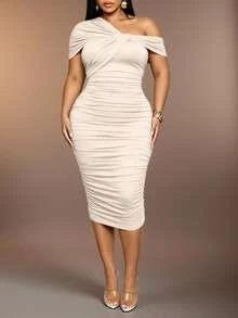 KIORVELLA Plus-Size Women's Ruched Asymmetric Bodycon Dress, Suitable For Parties Cocktail Date Night, Nightclubs, And Dates. Wedding Beige Summer Sexy - Apricot - View 4