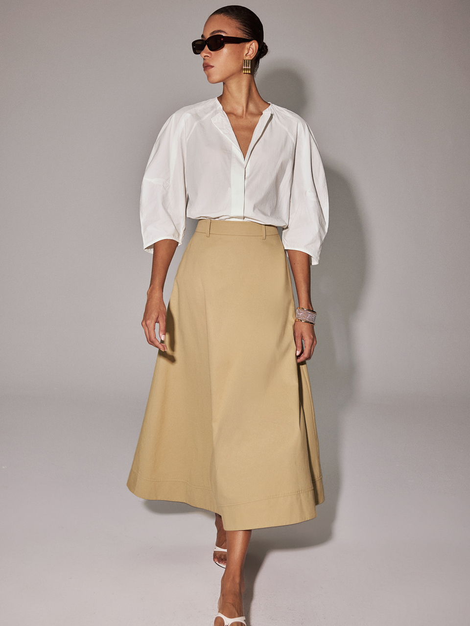 Anewsta Women's Khaki Beige A-Line Flared Skirt, High Waist Slimming Drape Fall Skirt, French Casual Style For Office Brunch Daily Outfits