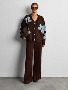 SHEIN Floral Knit Cardigan And Wide Leg Pants Set, Brown Base With Blue Flower Print, Button Front V Neck, Oversized Relaxed Fit, Soft Cozy Texture, Two Pieces Casual Chic Outfit, Fall Winter Lounge Set - Multicolor - View 2