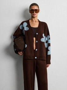 SHEIN Floral Knit Cardigan And Wide Leg Pants Set, Brown Base With Blue Flower Print, Button Front V Neck, Oversized Relaxed Fit, Soft Cozy Texture, Two Pieces Casual Chic Outfit, Fall Winter Lounge Set - Multicolor - View 6