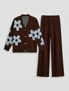 SHEIN Floral Knit Cardigan And Wide Leg Pants Set, Brown Base With Blue Flower Print, Button Front V Neck, Oversized Relaxed Fit, Soft Cozy Texture, Two Pieces Casual Chic Outfit, Fall Winter Lounge Set - Multicolor - View 8