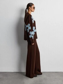 SHEIN Floral Knit Cardigan And Wide Leg Pants Set, Brown Base With Blue Flower Print, Button Front V Neck, Oversized Relaxed Fit, Soft Cozy Texture, Two Pieces Casual Chic Outfit, Fall Winter Lounge Set - Multicolor - View 7