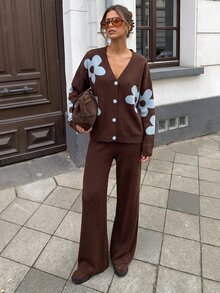 SHEIN Floral Knit Cardigan And Wide Leg Pants Set, Brown Base With Blue Flower Print, Button Front V Neck, Oversized Relaxed Fit, Soft Cozy Texture, Two Pieces Casual Chic Outfit, Fall Winter Lounge Set - Multicolor - View 4