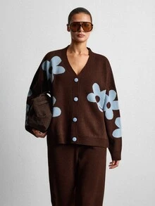 SHEIN Floral Knit Cardigan And Wide Leg Pants Set, Brown Base With Blue Flower Print, Button Front V Neck, Oversized Relaxed Fit, Soft Cozy Texture, Two Pieces Casual Chic Outfit, Fall Winter Lounge Set - Multicolor - View 5