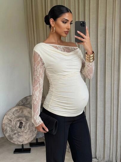 MaterniChic Luxury Evening Elegant Party Tops For Pregnant Women,Elegant Lace Patchwork Asymmetric Collar T-Shirt For Pregnant Women,Autumn Fall