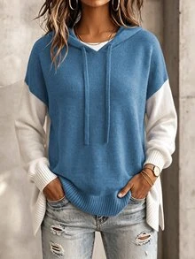 SHEIN LUNE Women's Colorblock Patchwork Hooded Drawstring V-Neck Drop Shoulder Ribbed Hem Long Sleeve Minimalist Casual Everyday Versatile Sweater - Multicolor - View 4