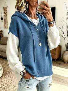 SHEIN LUNE Women's Colorblock Patchwork Hooded Drawstring V-Neck Drop Shoulder Ribbed Hem Long Sleeve Minimalist Casual Everyday Versatile Sweater - Multicolor - View 1