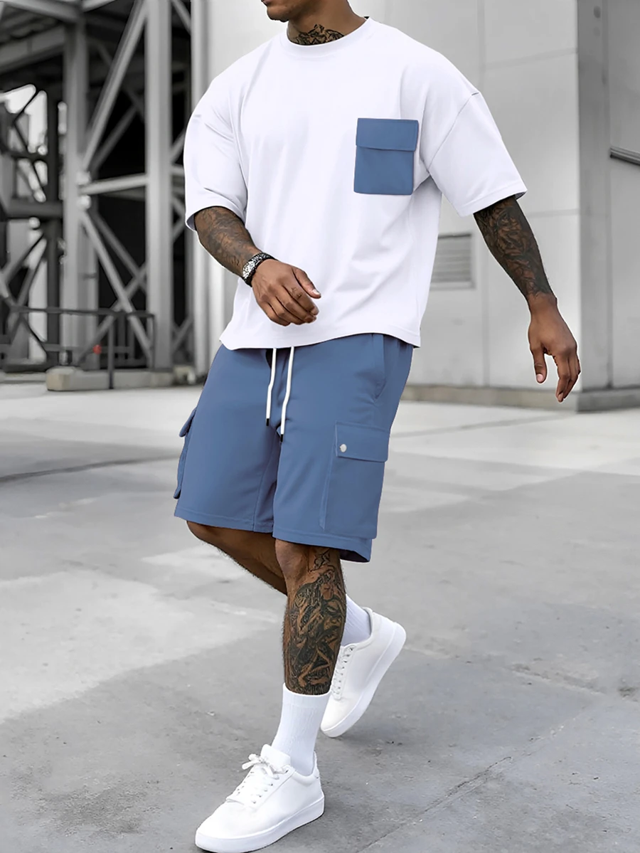 Manfinity Homme Men's Pocket Crew Neck Short Sleeve T-Shirt And Drawstring Waist Shorts Set Men Two Piece Short Set - Multicolor - View 1