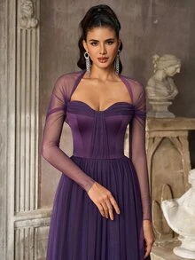 Aureia Deep Purple Tulle A-Line Evening Gown With Sheer Long Sleeves And Sweetheart Neck For Prom, Gala, Wedding Guest And Formal Party - Dark Purple - View 8