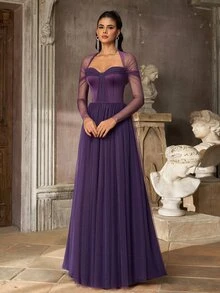 Aureia Deep Purple Tulle A-Line Evening Gown With Sheer Long Sleeves And Sweetheart Neck For Prom, Gala, Wedding Guest And Formal Party - Dark Purple - View 6