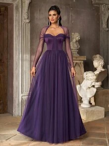 Aureia Deep Purple Tulle A-Line Evening Gown With Sheer Long Sleeves And Sweetheart Neck For Prom, Gala, Wedding Guest And Formal Party - Dark Purple - View 1