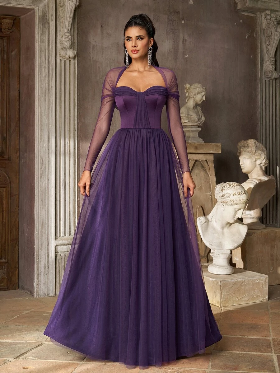 Aureia Deep Purple Tulle A-Line Evening Gown With Sheer Long Sleeves And Sweetheart Neck For Prom, Gala, Wedding Guest And Formal Party - Dark Purple - View 1