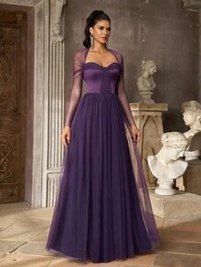 Aureia Deep Purple Tulle A-Line Evening Gown With Sheer Long Sleeves And Sweetheart Neck For Prom, Gala, Wedding Guest And Formal Party - Dark Purple - View 7