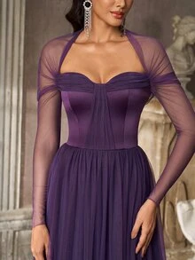 Aureia Deep Purple Tulle A-Line Evening Gown With Sheer Long Sleeves And Sweetheart Neck For Prom, Gala, Wedding Guest And Formal Party - Dark Purple - View 5