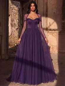 Aureia Deep Purple Tulle A-Line Evening Gown With Sheer Long Sleeves And Sweetheart Neck For Prom, Gala, Wedding Guest And Formal Party - Dark Purple - View 3