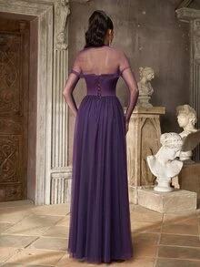 Aureia Deep Purple Tulle A-Line Evening Gown With Sheer Long Sleeves And Sweetheart Neck For Prom, Gala, Wedding Guest And Formal Party - Dark Purple - View 9