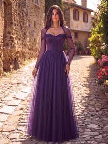 Aureia Deep Purple Tulle A-Line Evening Gown With Sheer Long Sleeves And Sweetheart Neck For Prom, Gala, Wedding Guest And Formal Party - Dark Purple - View 11