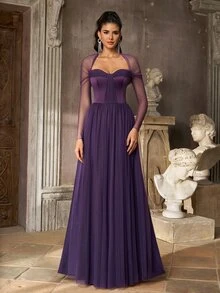 Aureia Deep Purple Tulle A-Line Evening Gown With Sheer Long Sleeves And Sweetheart Neck For Prom, Gala, Wedding Guest And Formal Party - Dark Purple - View 4