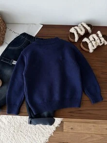 SHEIN 兒童小男孩厚款可愛熊圓領套頭針織衫，秋季開學冬裝，舒適休閒復古校園穿搭 - 彩色 - 查看 2