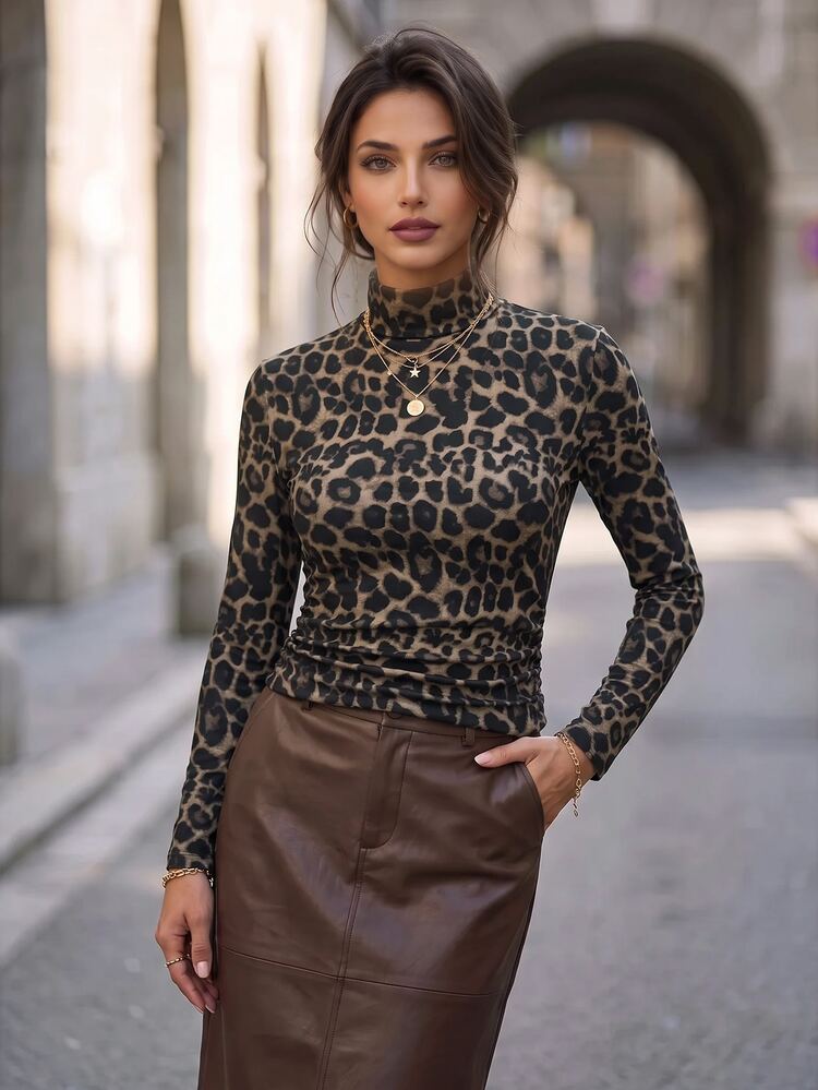 Editum Women's High Neck Long Sleeve Leopard Print Ruched T-Shirt - Beige - View 4
