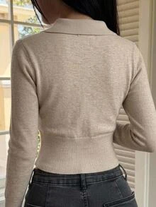 Livesso Women's Cream White Round Neck Button Wave Trim Ribbed Patchwork Fitted Short Long Sleeve Knit Cardigan Winter - Khaki - View 2