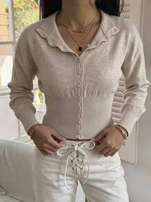 Livesso Women's Cream White Round Neck Button Wave Trim Ribbed Patchwork Fitted Short Long Sleeve Knit Cardigan Winter - Khaki - View 3