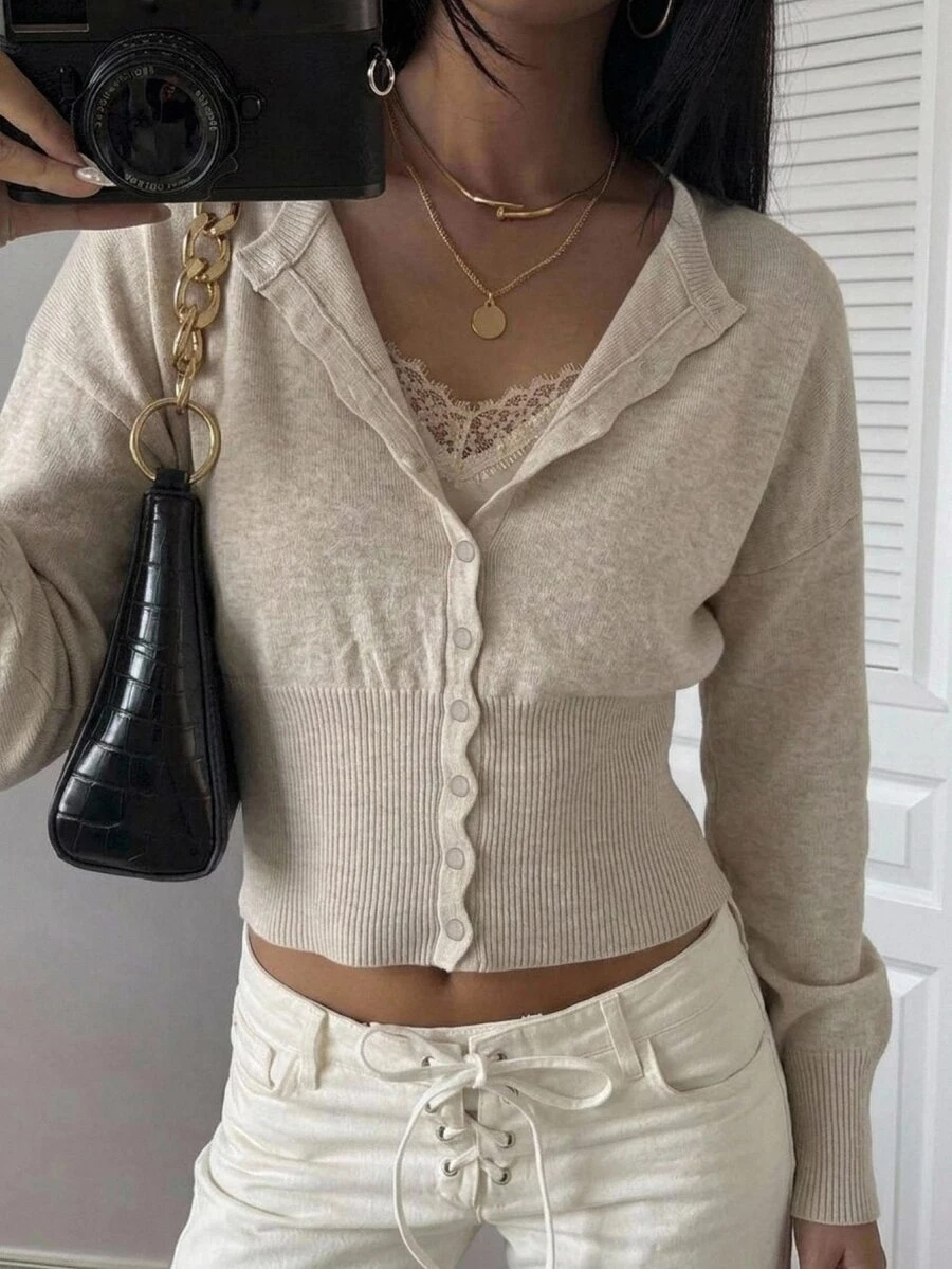 Livesso Women's Cream White Round Neck Button Wave Trim Ribbed Patchwork Fitted Short Long Sleeve Knit Cardigan Winter - Khaki - View 1