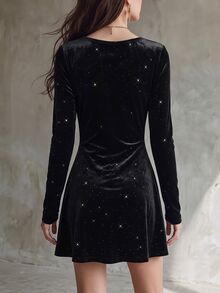 LUMIGAL Women Black Glitter Velvet Dress Long Sleeve Front Cutout Bow Ruched Slim Mini Dress - Multicolor - View 2