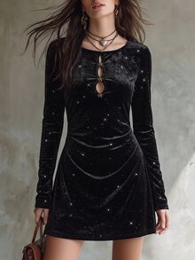 LUMIGAL Women Black Glitter Velvet Dress Long Sleeve Front Cutout Bow Ruched Slim Mini Dress - Multicolor - View 4