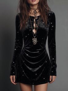 LUMIGAL Women Black Glitter Velvet Dress Long Sleeve Front Cutout Bow Ruched Slim Mini Dress - Multicolor - View 3