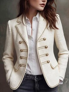 LUMIGAL Napoleon Style Gold Trim Tweed Patchwork Commuter Party Gathering Jacket Vintage Luxury Elegant Women's Overcoat - White - View 4